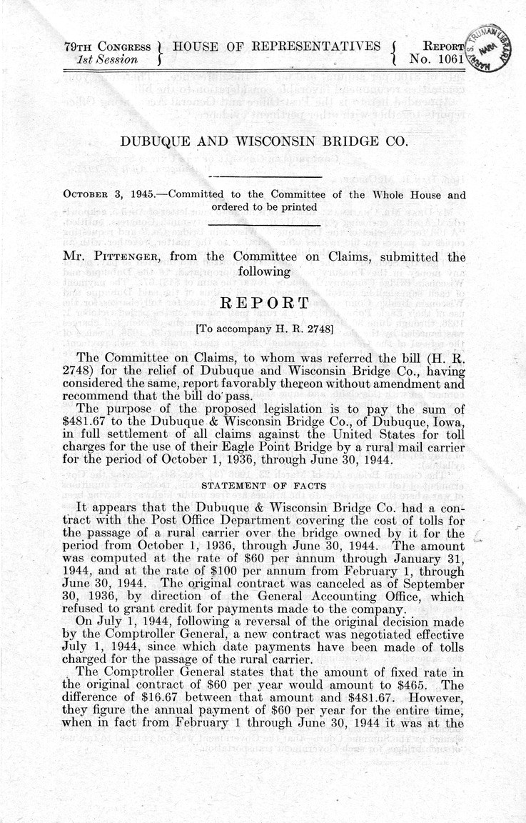 Memorandum from Frederick J. Bailey to M. C. Latta, H.R. 2748, For the Relief of the Dubuque and Wisconsin Bridge Company, with Attachments