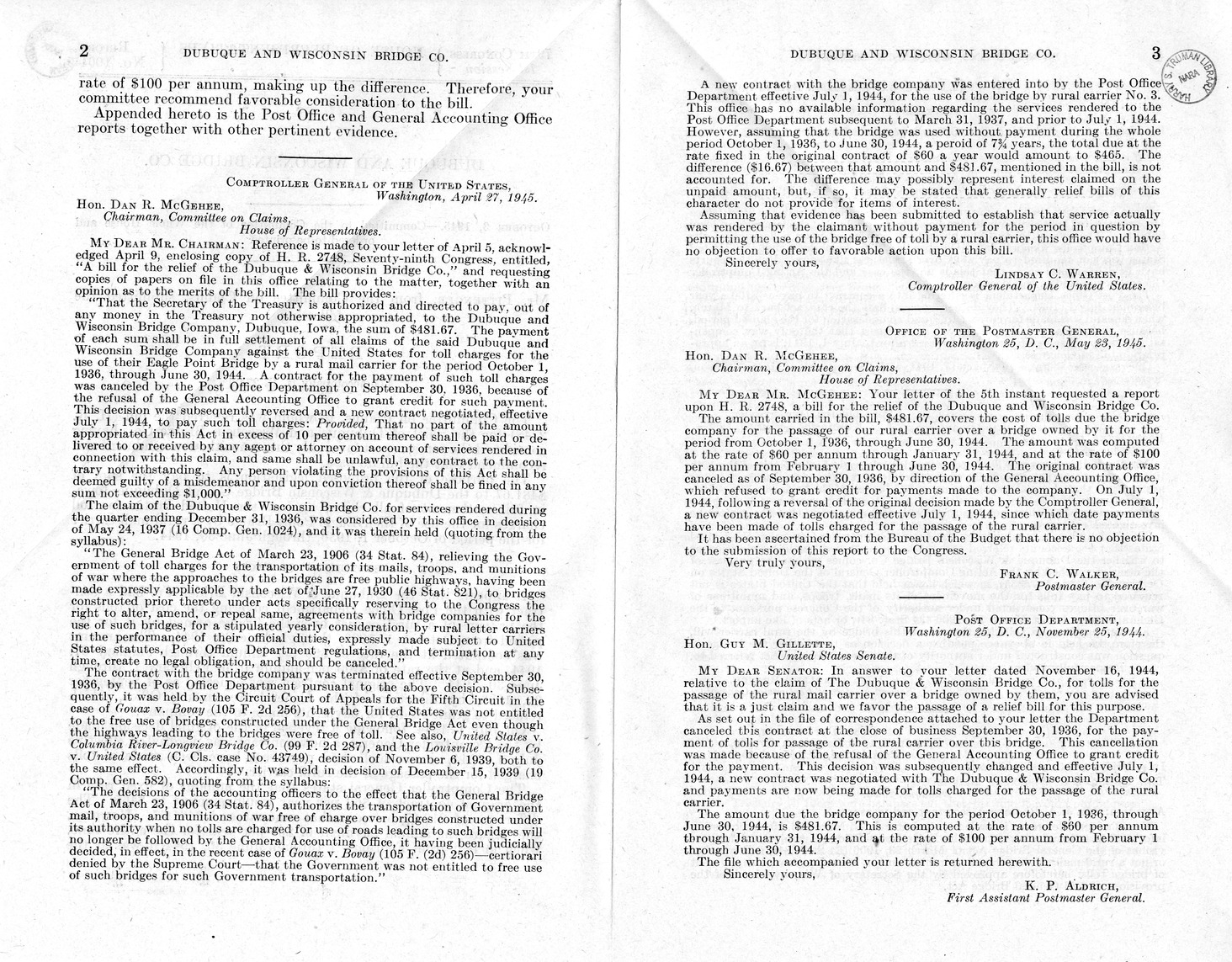 Memorandum from Frederick J. Bailey to M. C. Latta, H.R. 2748, For the Relief of the Dubuque and Wisconsin Bridge Company, with Attachments