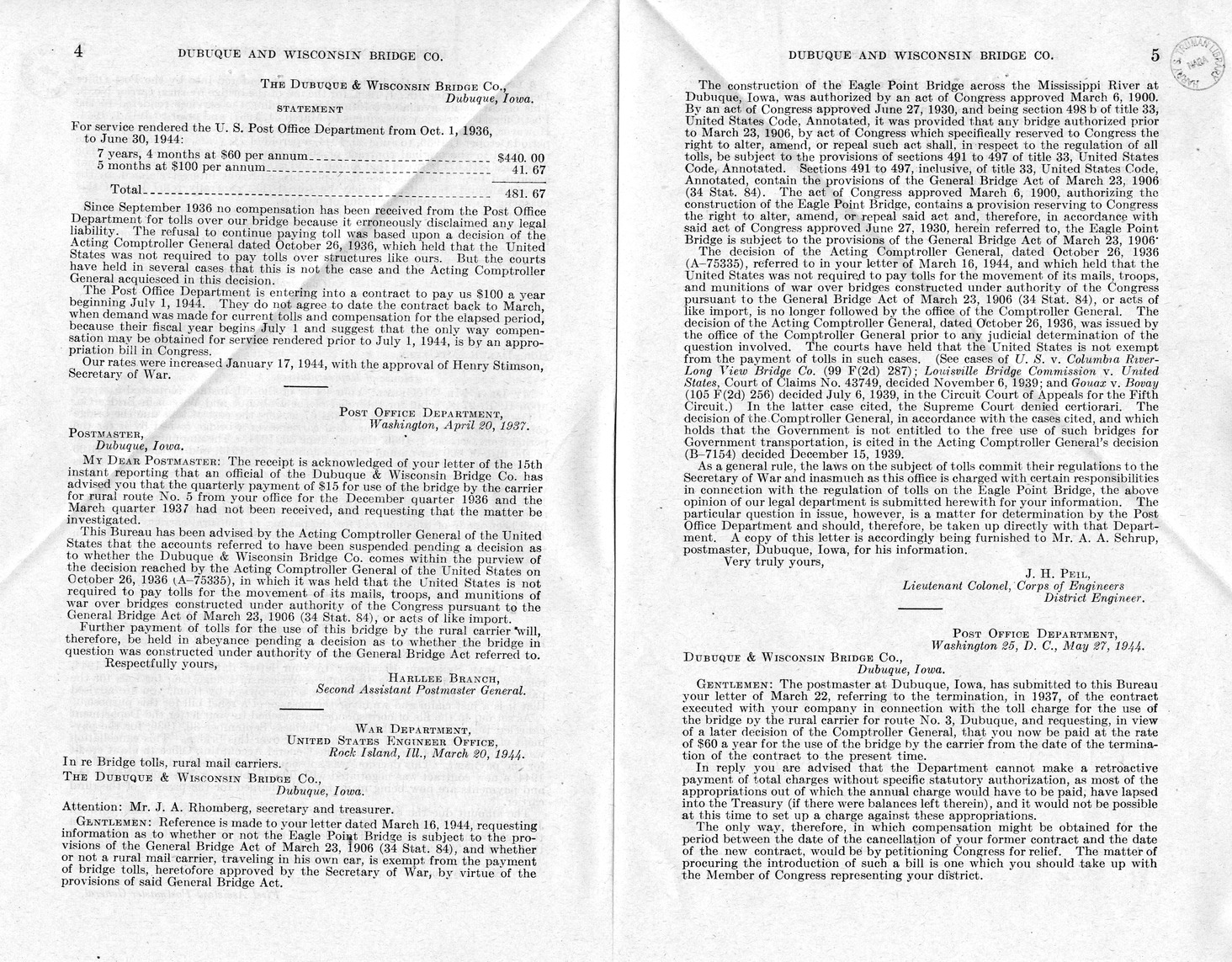 Memorandum from Frederick J. Bailey to M. C. Latta, H.R. 2748, For the Relief of the Dubuque and Wisconsin Bridge Company, with Attachments