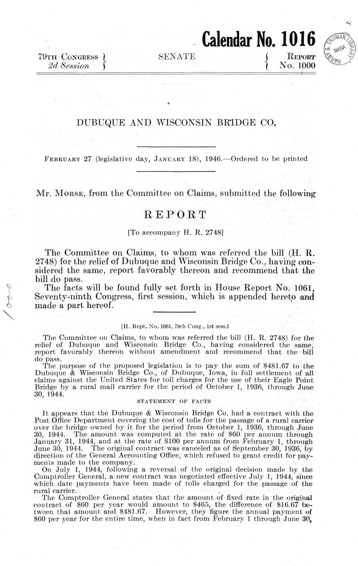 Memorandum from Frederick J. Bailey to M. C. Latta, H.R. 2748, For the Relief of the Dubuque and Wisconsin Bridge Company, with Attachments