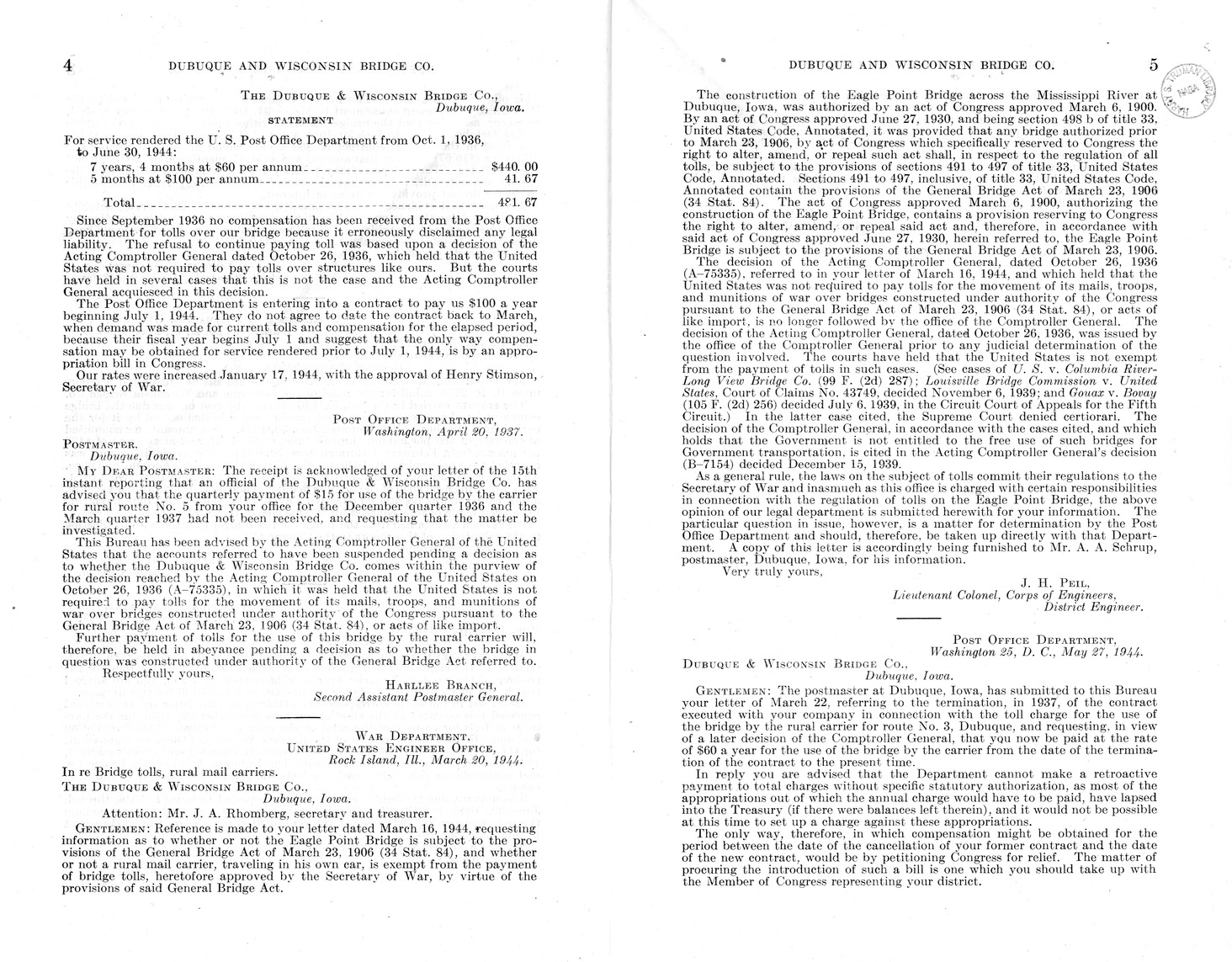 Memorandum from Frederick J. Bailey to M. C. Latta, H.R. 2748, For the Relief of the Dubuque and Wisconsin Bridge Company, with Attachments