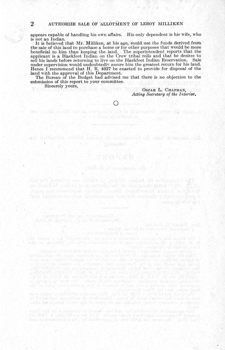 Memorandum from Frederick J. Bailey to M. C. Latta, H. R. 4027, Authorizing Sale of the Allotment of LeRoy Milliken on the Crow Indian Reservation, Montana, with Attachments