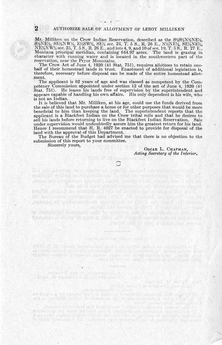 Memorandum from Frederick J. Bailey to M. C. Latta, H. R. 4027, Authorizing Sale of the Allotment of LeRoy Milliken on the Crow Indian Reservation, Montana, with Attachments
