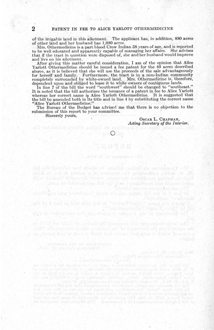 Memorandum from Frederick J. Bailey to M. C. Latta, H. R. 4034, Authorizing the Issuance of a Patent in Fee to Alice Yarlott Othermedicine, with Attachments