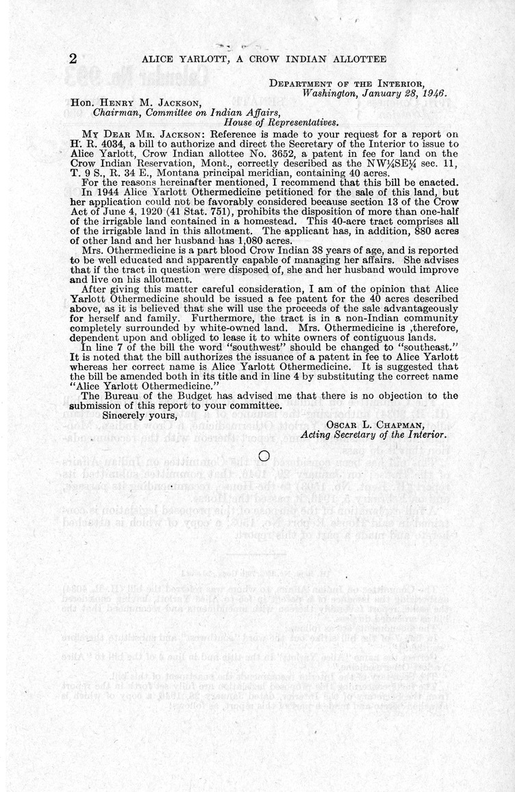 Memorandum from Frederick J. Bailey to M. C. Latta, H. R. 4034, Authorizing the Issuance of a Patent in Fee to Alice Yarlott Othermedicine, with Attachments