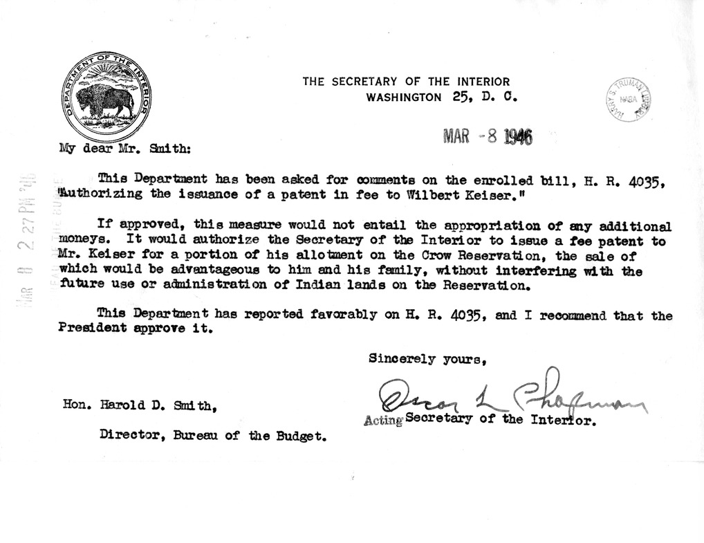 Memorandum from Frederick J. Bailey to M. C. Latta, H. R. 4035, Authorizing the Issuance of a Patent in Fee to Wilbert Keiser, with Attachments