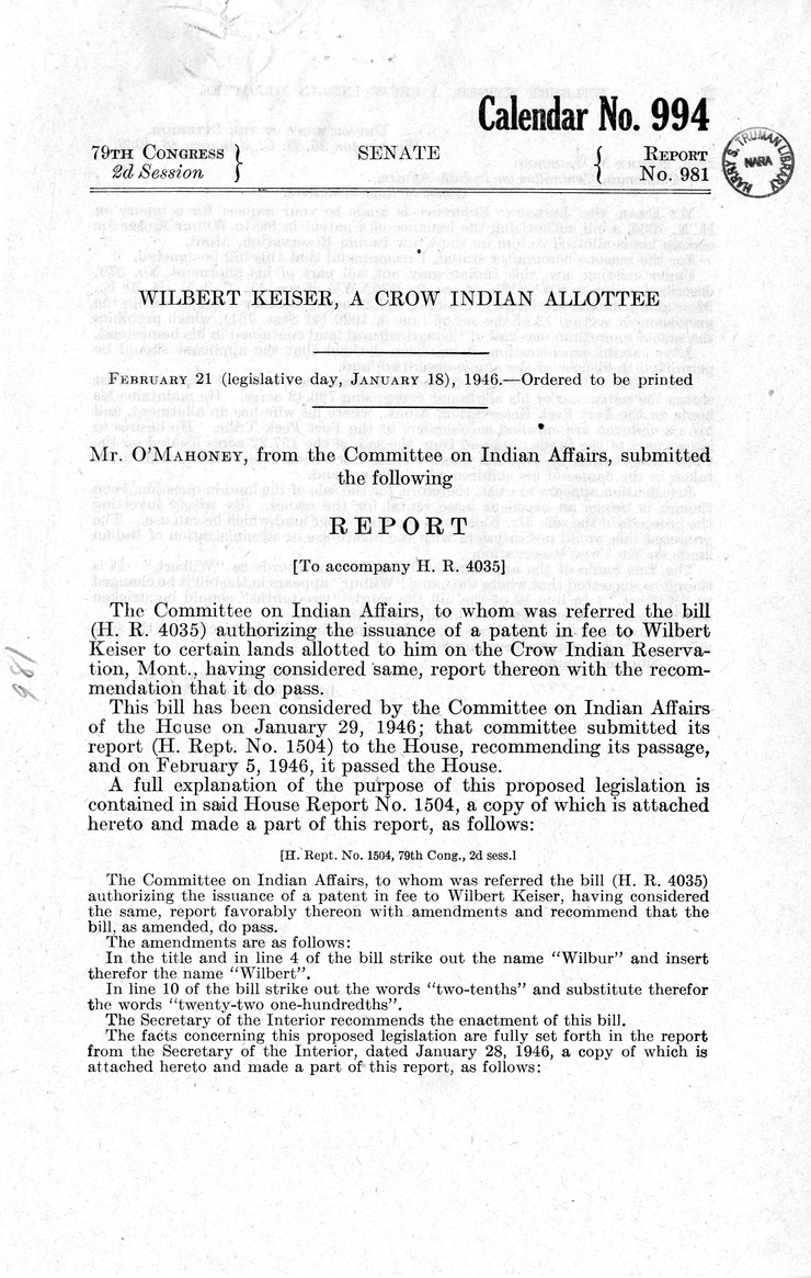 Memorandum from Frederick J. Bailey to M. C. Latta, H. R. 4035, Authorizing the Issuance of a Patent in Fee to Wilbert Keiser, with Attachments