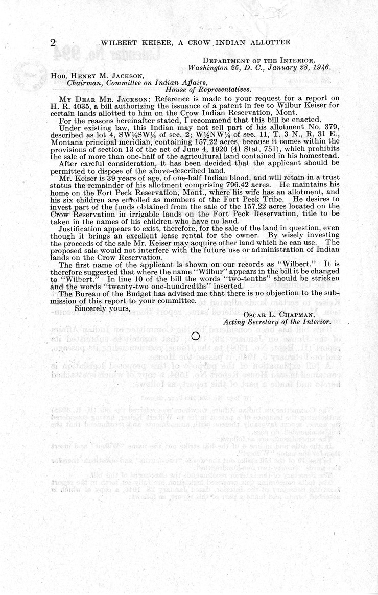 Memorandum from Frederick J. Bailey to M. C. Latta, H. R. 4035, Authorizing the Issuance of a Patent in Fee to Wilbert Keiser, with Attachments