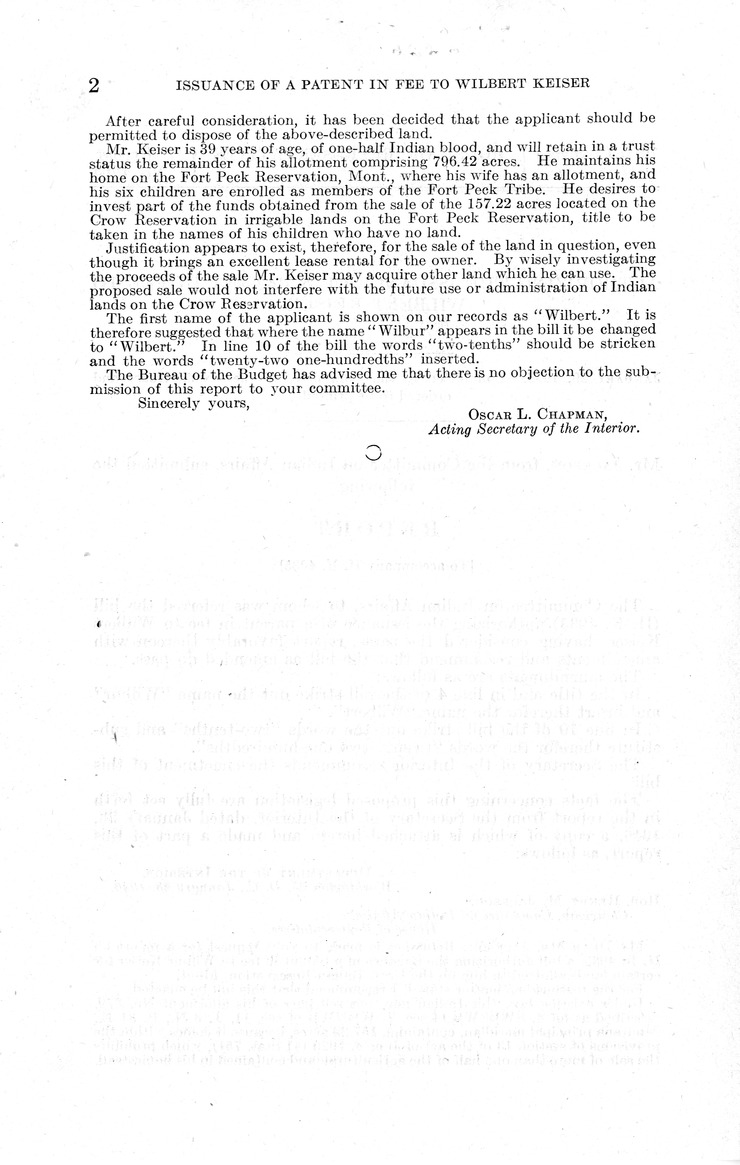 Memorandum from Frederick J. Bailey to M. C. Latta, H. R. 4035, Authorizing the Issuance of a Patent in Fee to Wilbert Keiser, with Attachments