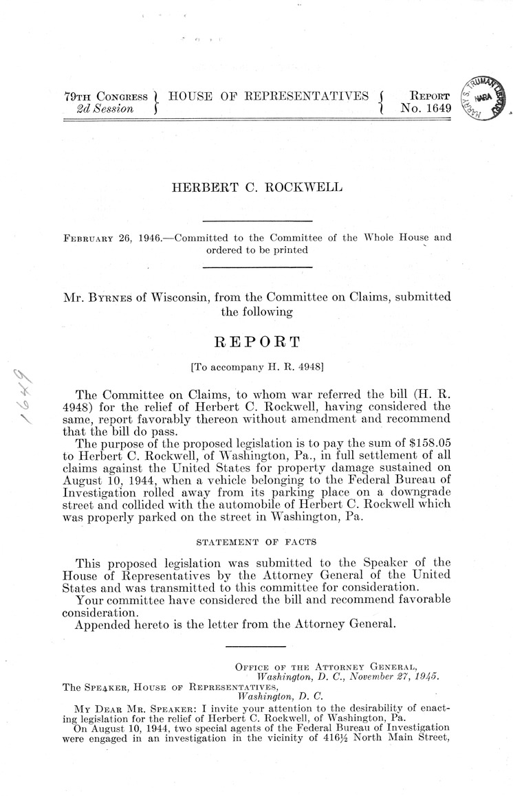 Memorandum from Frederick J. Bailey to M. C. Latta, S. 1637, For the Relief of Herbert C. Rockwell, with Attachments