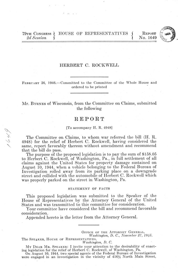 Memorandum from Frederick J. Bailey to M. C. Latta, S. 1637, For the Relief of Herbert C. Rockwell, with Attachments