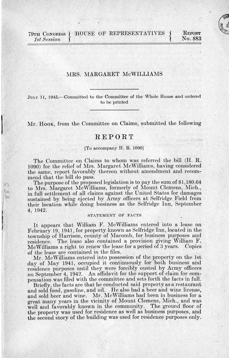 Memorandum from Frederick J. Bailey to M. C. Latta, H. R. 1090, For the Relief of Mrs. Margaret McWilliams, with Attachments