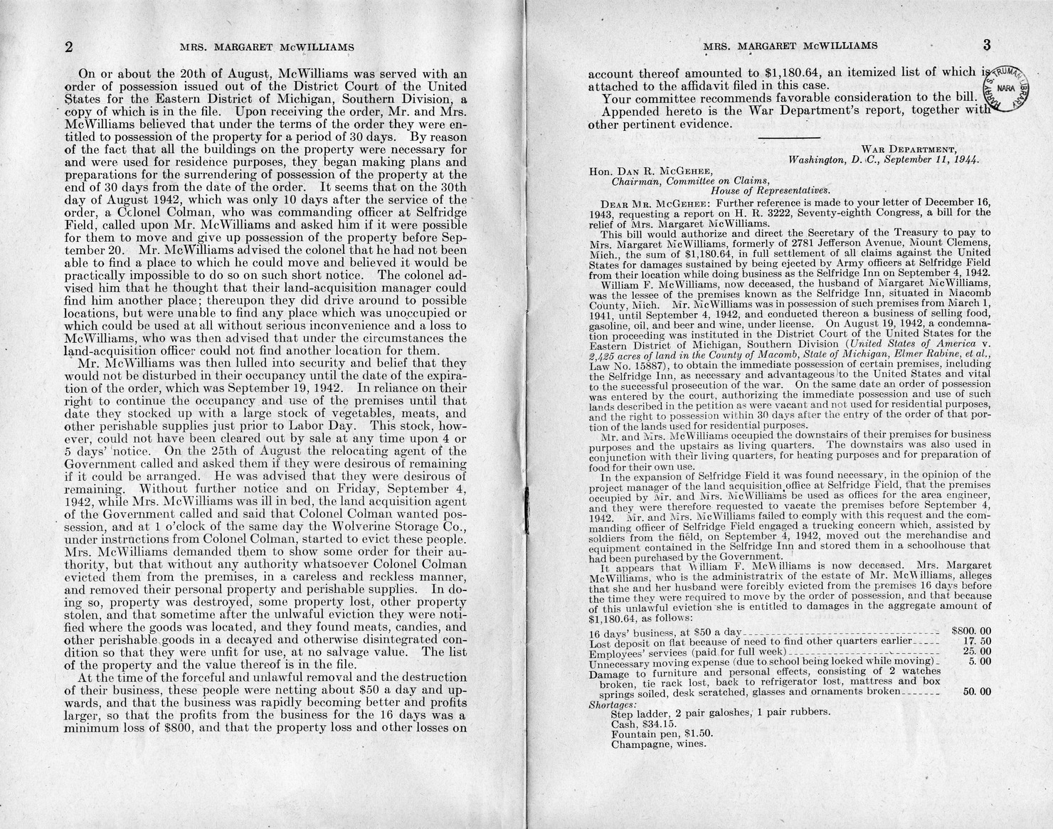 Memorandum from Frederick J. Bailey to M. C. Latta, H. R. 1090, For the Relief of Mrs. Margaret McWilliams, with Attachments