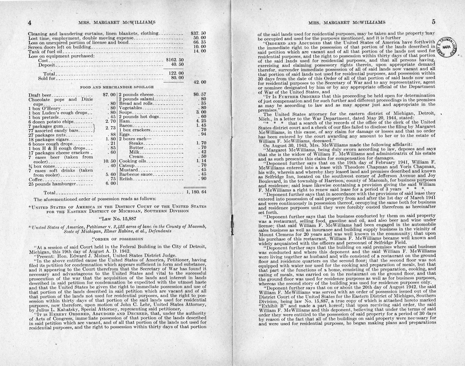 Memorandum from Frederick J. Bailey to M. C. Latta, H. R. 1090, For the Relief of Mrs. Margaret McWilliams, with Attachments