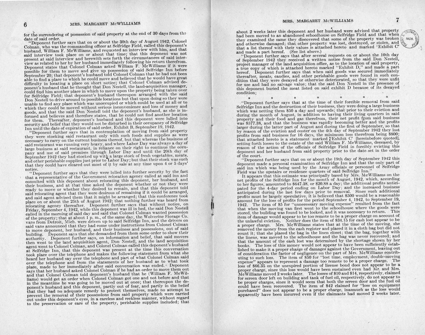 Memorandum from Frederick J. Bailey to M. C. Latta, H. R. 1090, For the Relief of Mrs. Margaret McWilliams, with Attachments