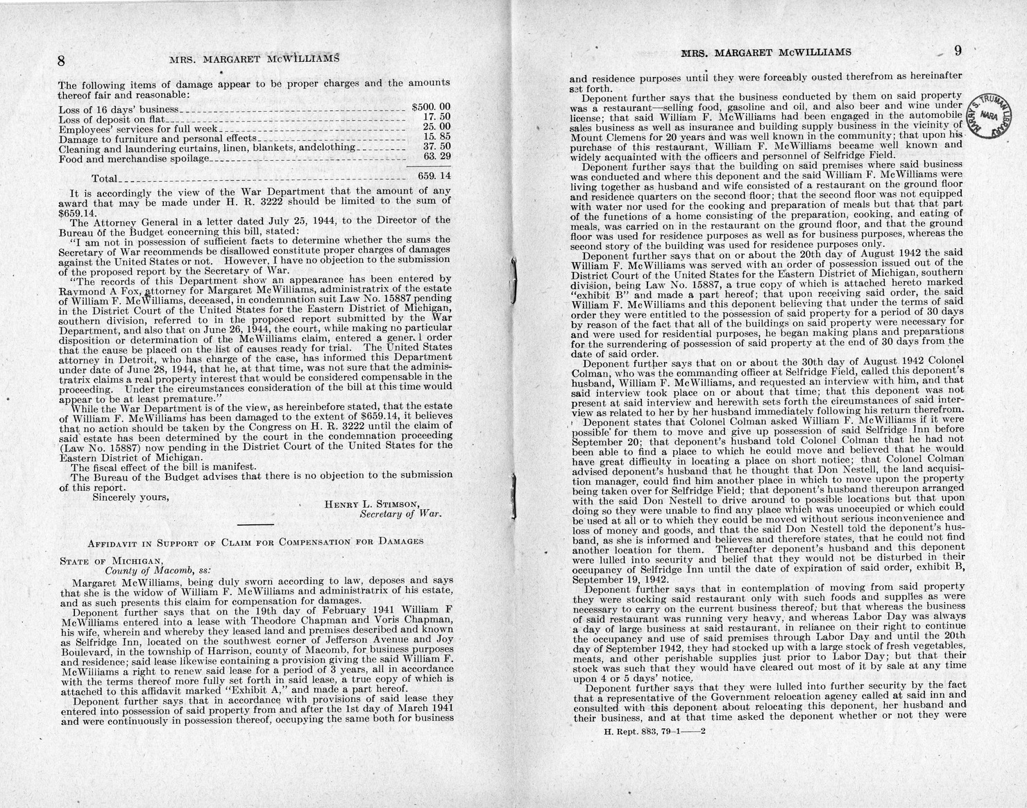 Memorandum from Frederick J. Bailey to M. C. Latta, H. R. 1090, For the Relief of Mrs. Margaret McWilliams, with Attachments