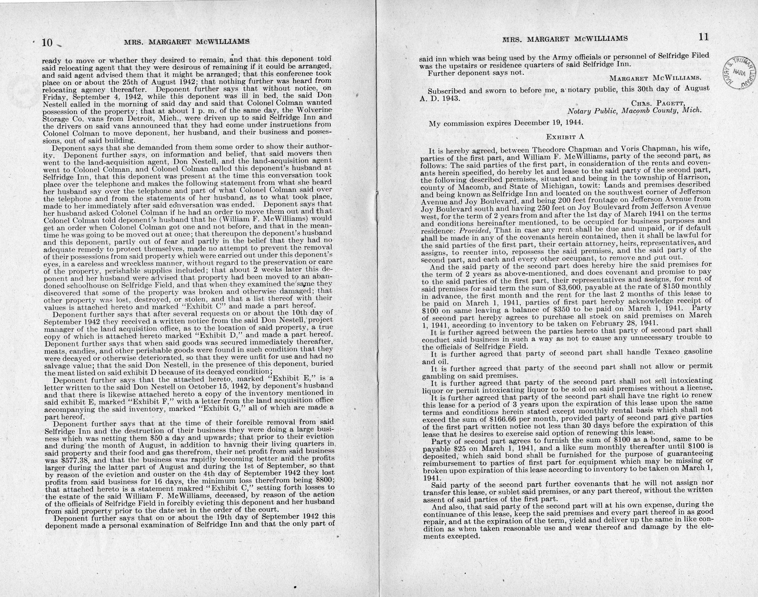 Memorandum from Frederick J. Bailey to M. C. Latta, H. R. 1090, For the Relief of Mrs. Margaret McWilliams, with Attachments