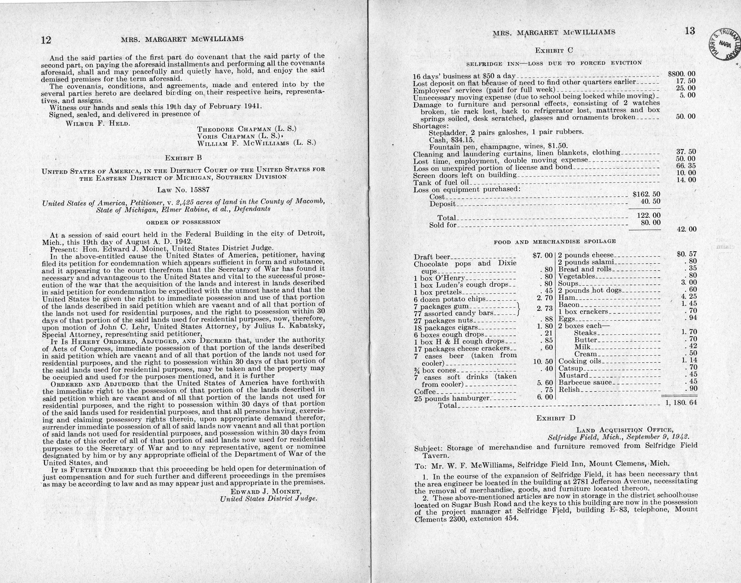 Memorandum from Frederick J. Bailey to M. C. Latta, H. R. 1090, For the Relief of Mrs. Margaret McWilliams, with Attachments