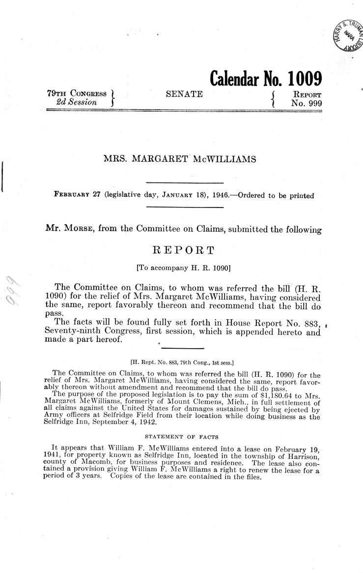 Memorandum from Frederick J. Bailey to M. C. Latta, H. R. 1090, For the Relief of Mrs. Margaret McWilliams, with Attachments