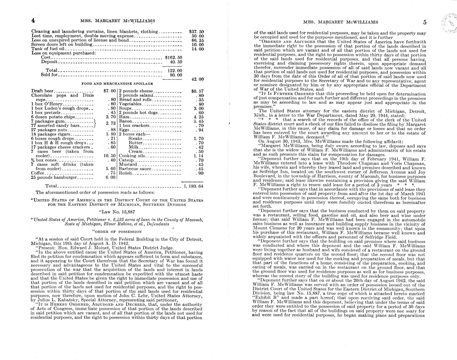 Memorandum from Frederick J. Bailey to M. C. Latta, H. R. 1090, For the Relief of Mrs. Margaret McWilliams, with Attachments