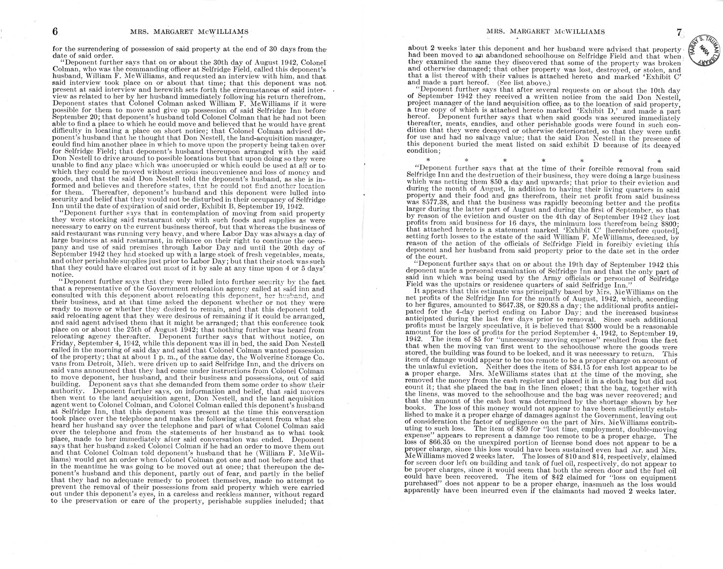 Memorandum from Frederick J. Bailey to M. C. Latta, H. R. 1090, For the Relief of Mrs. Margaret McWilliams, with Attachments