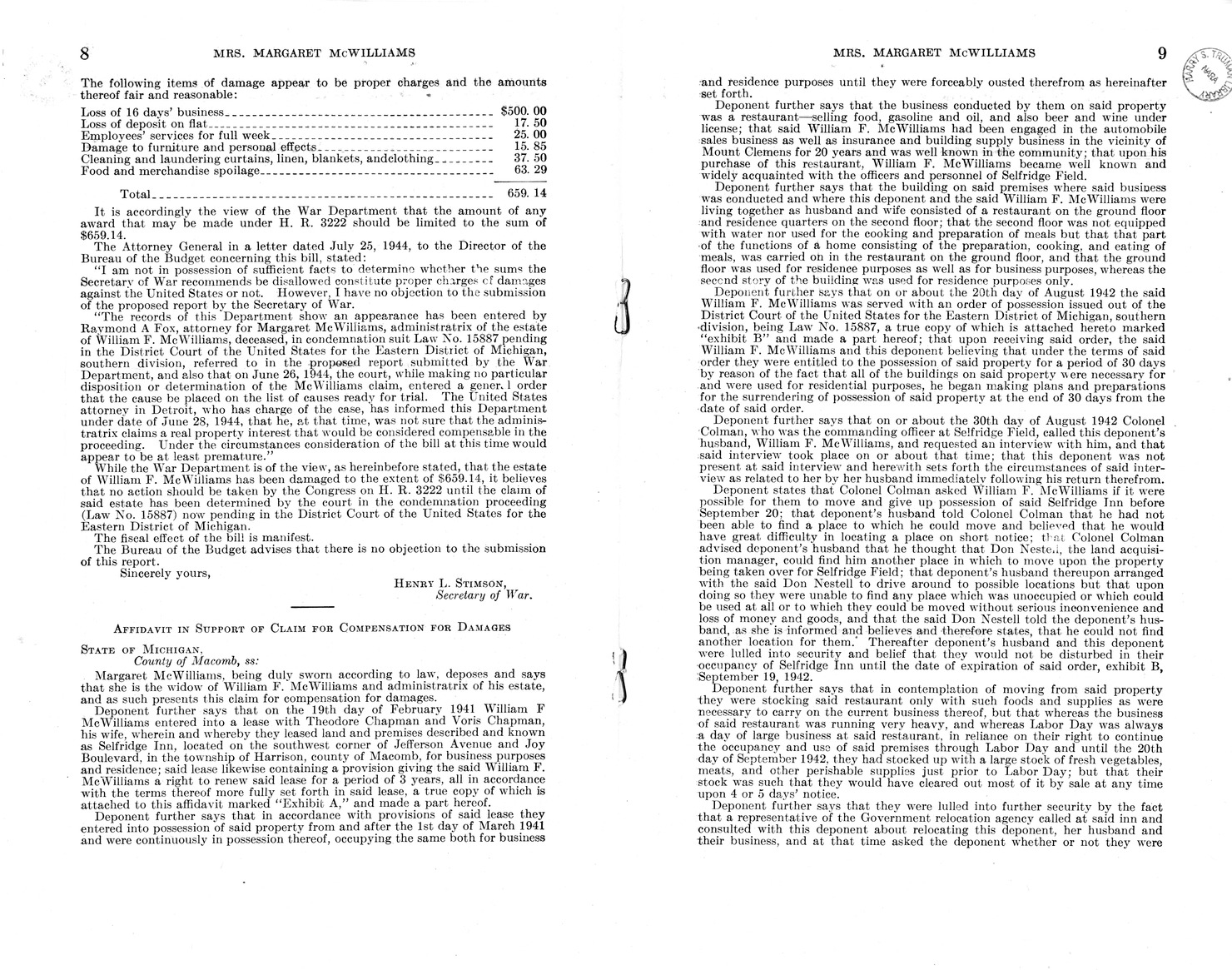 Memorandum from Frederick J. Bailey to M. C. Latta, H. R. 1090, For the Relief of Mrs. Margaret McWilliams, with Attachments