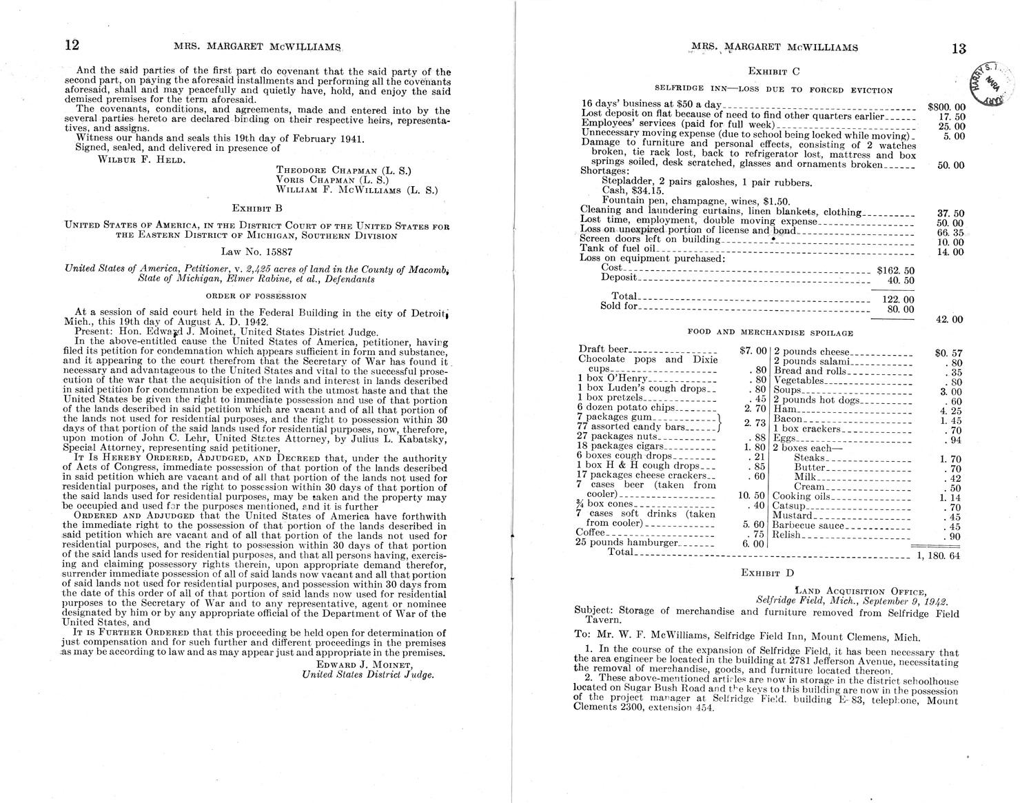 Memorandum from Frederick J. Bailey to M. C. Latta, H. R. 1090, For the Relief of Mrs. Margaret McWilliams, with Attachments