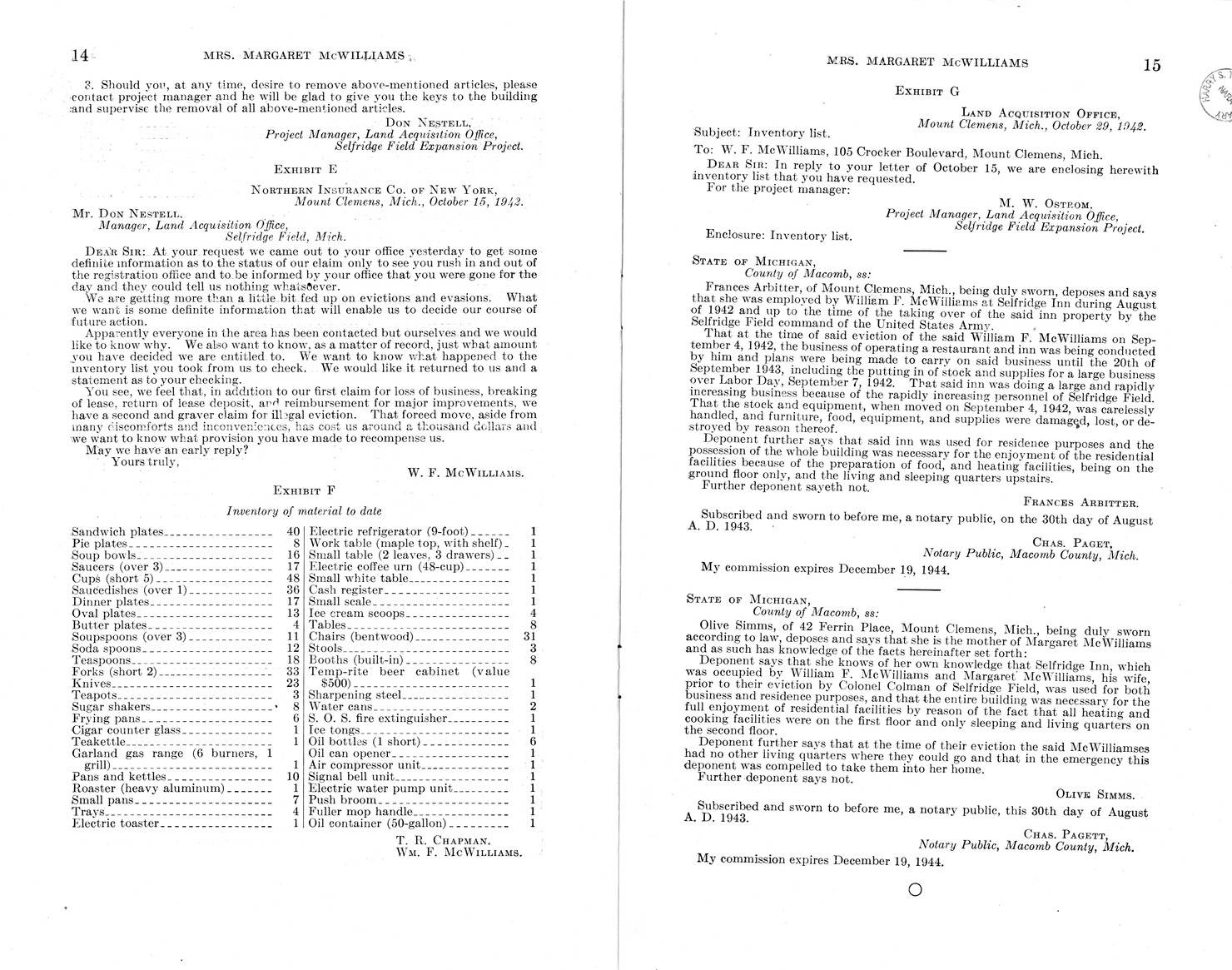 Memorandum from Frederick J. Bailey to M. C. Latta, H. R. 1090, For the Relief of Mrs. Margaret McWilliams, with Attachments