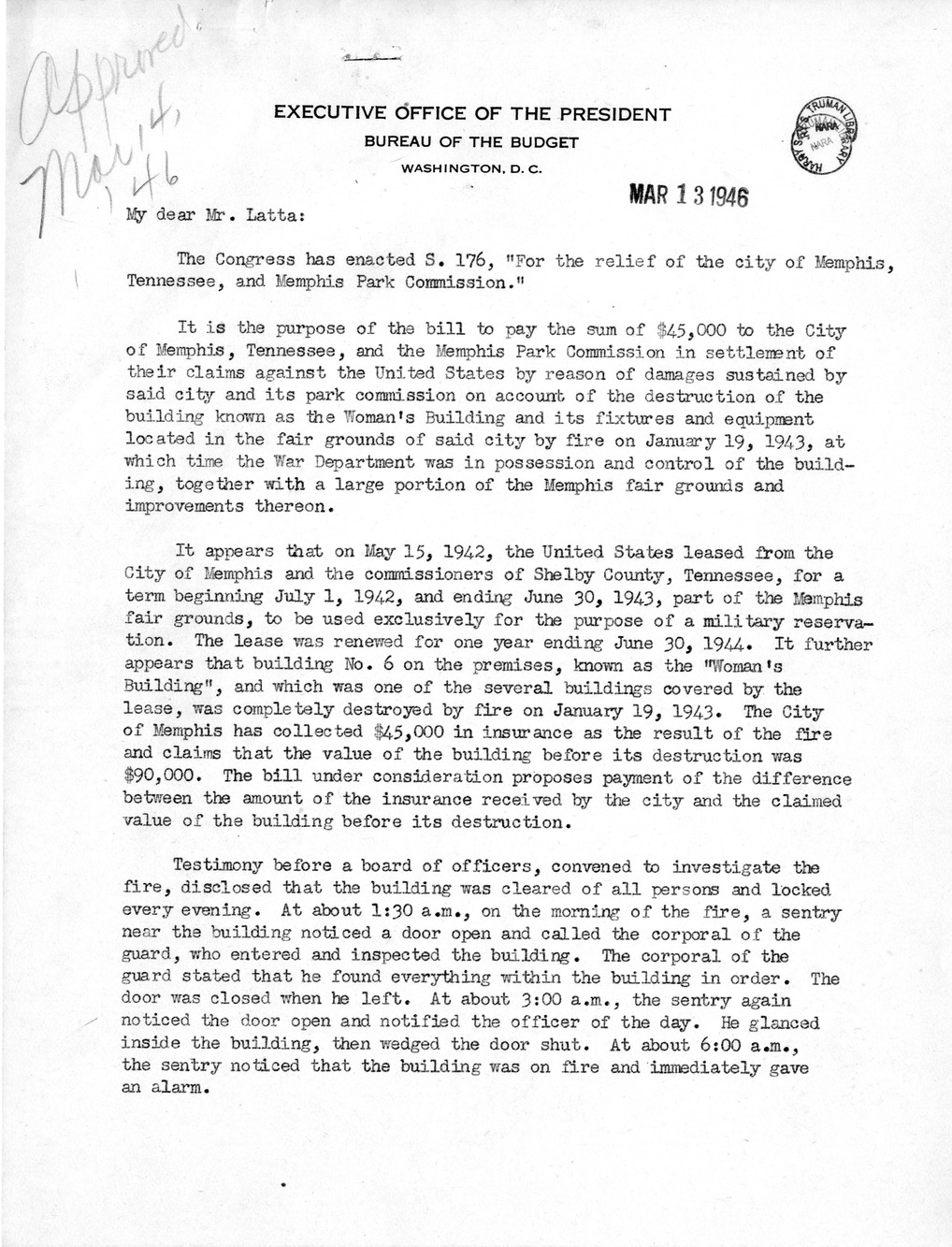 Memorandum from Harold D. Smith to M. C. Latta, S. 176, For the Relief of the City of Memphis, Tennessee, and Memphis Park Commission, with Attachments