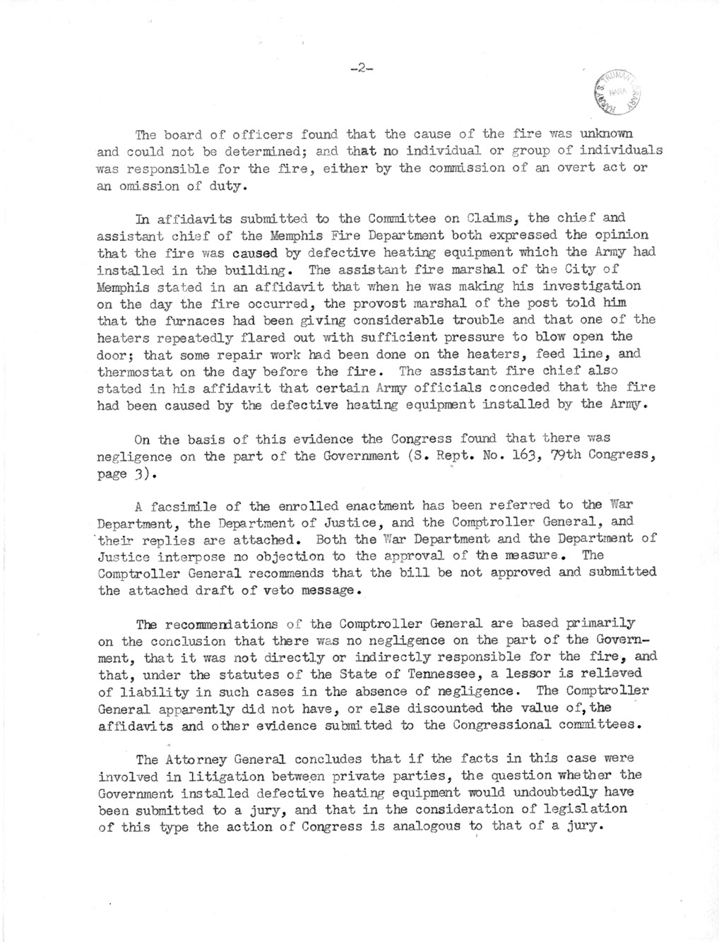 Memorandum from Harold D. Smith to M. C. Latta, S. 176, For the Relief of the City of Memphis, Tennessee, and Memphis Park Commission, with Attachments