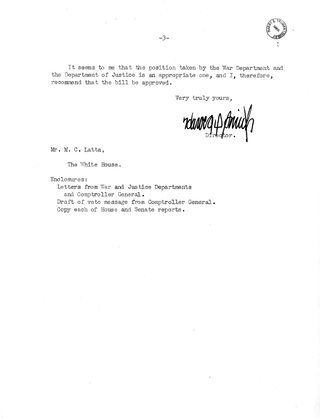 Memorandum from Harold D. Smith to M. C. Latta, S. 176, For the Relief of the City of Memphis, Tennessee, and Memphis Park Commission, with Attachments