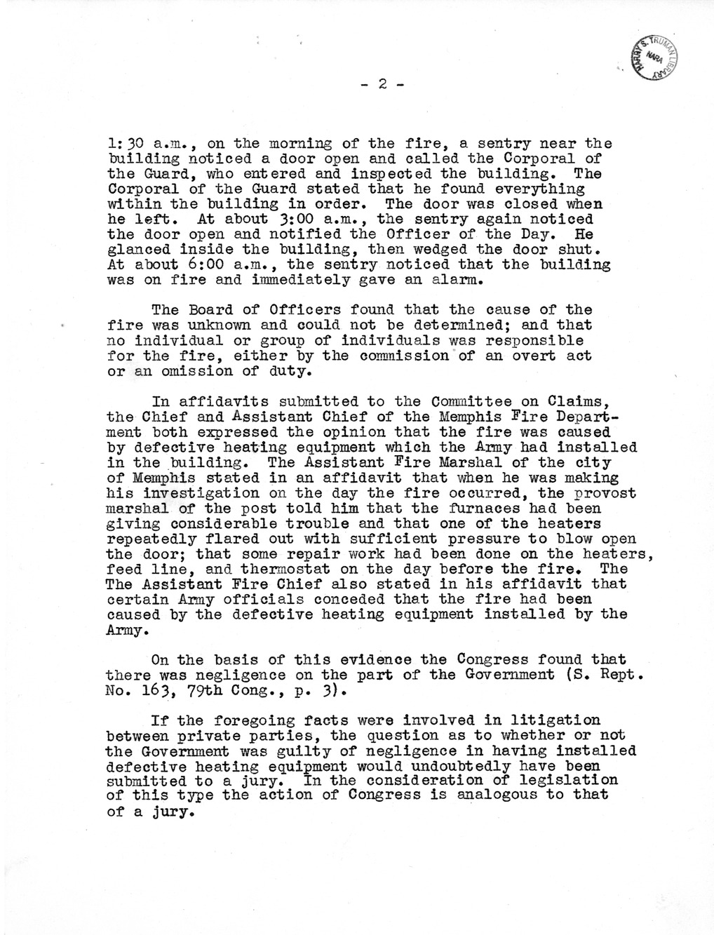 Memorandum from Harold D. Smith to M. C. Latta, S. 176, For the Relief of the City of Memphis, Tennessee, and Memphis Park Commission, with Attachments