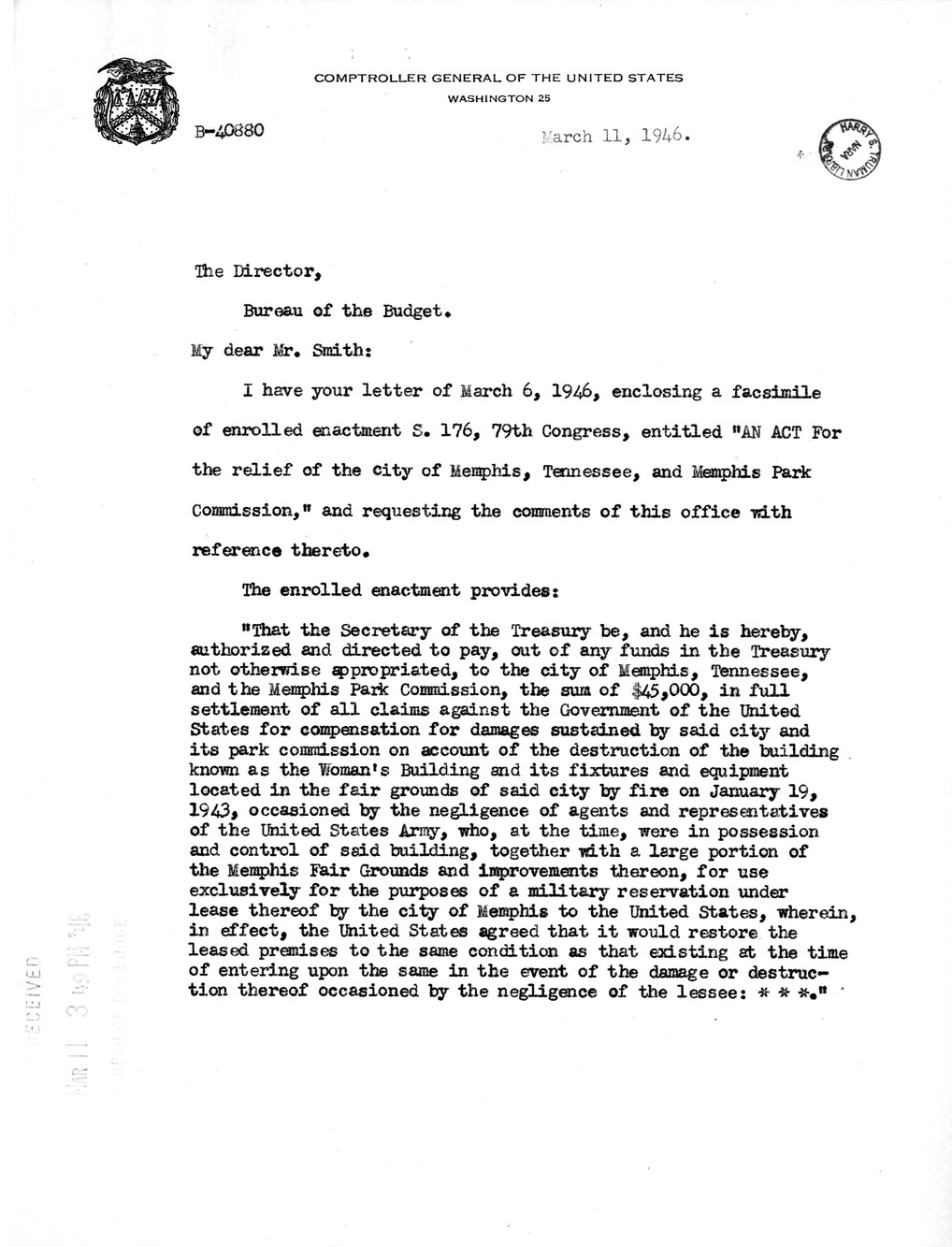 Memorandum from Harold D. Smith to M. C. Latta, S. 176, For the Relief of the City of Memphis, Tennessee, and Memphis Park Commission, with Attachments