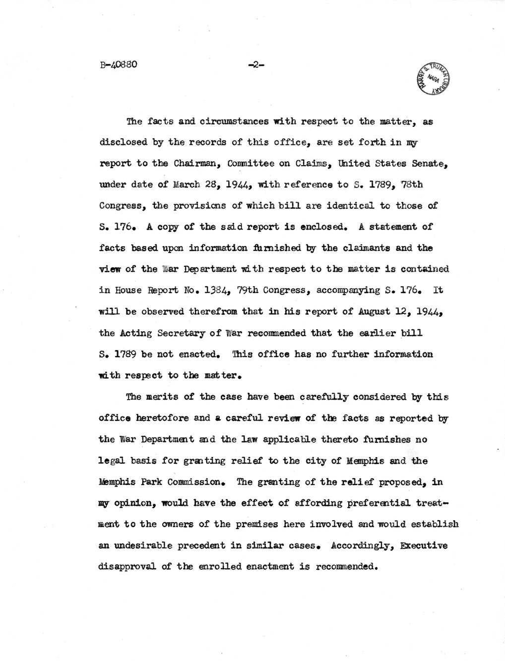 Memorandum from Harold D. Smith to M. C. Latta, S. 176, For the Relief of the City of Memphis, Tennessee, and Memphis Park Commission, with Attachments