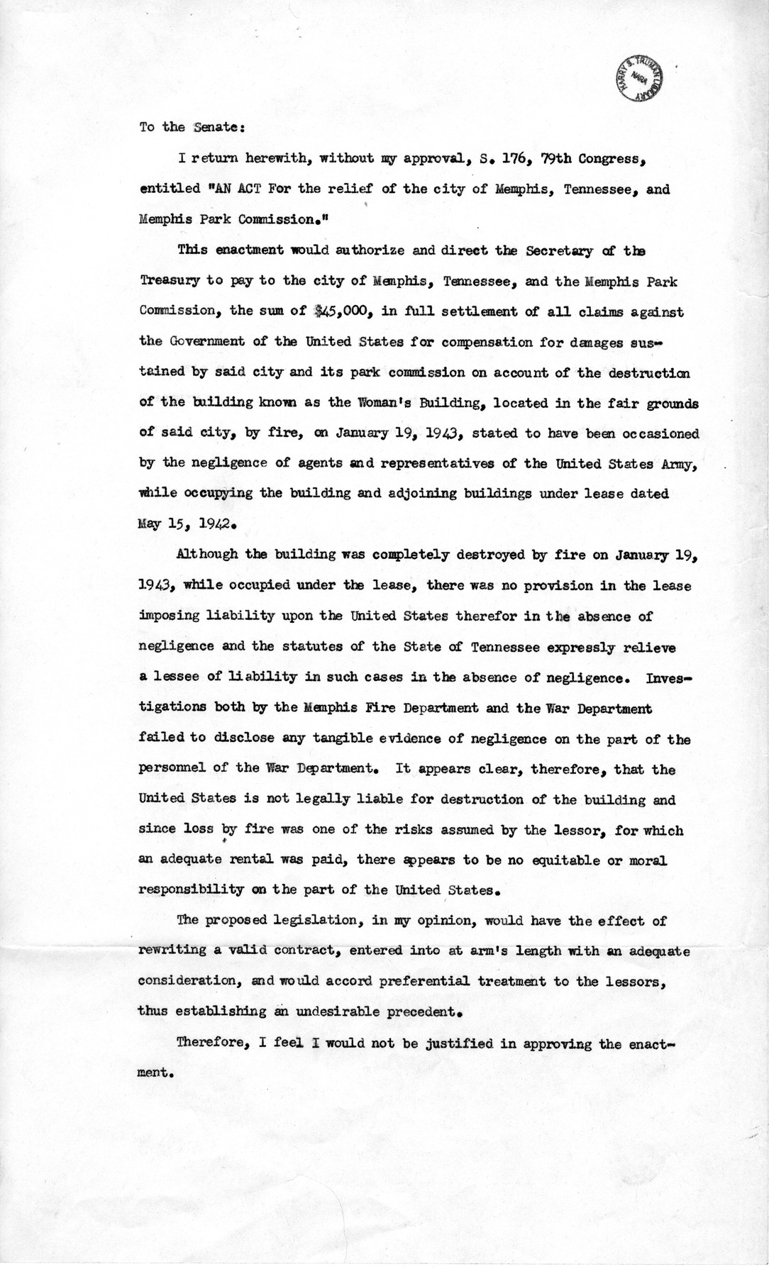 Memorandum from Harold D. Smith to M. C. Latta, S. 176, For the Relief of the City of Memphis, Tennessee, and Memphis Park Commission, with Attachments