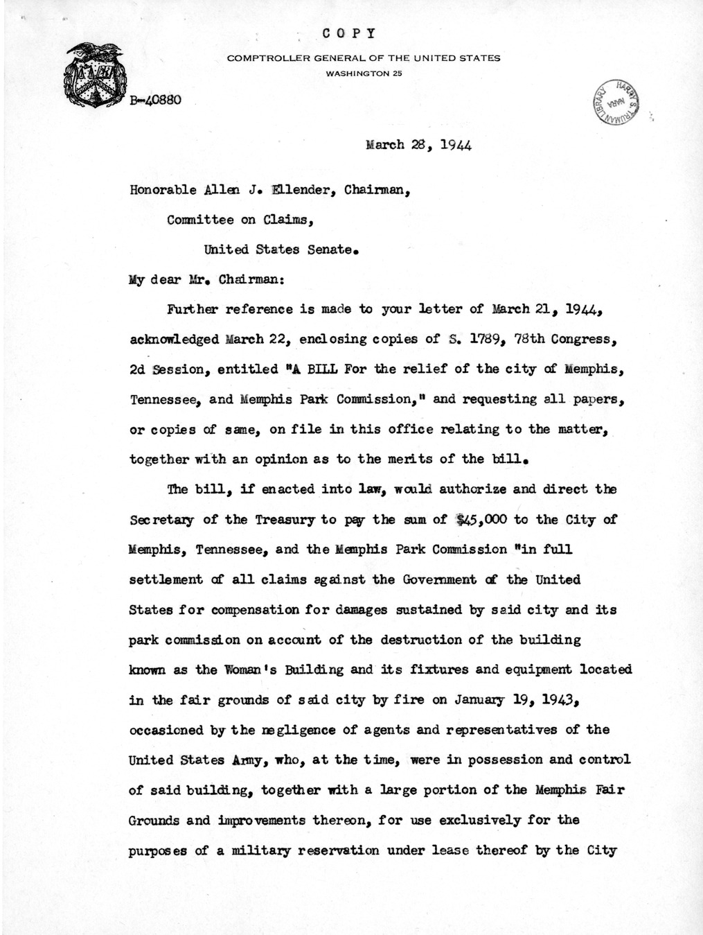 Memorandum from Harold D. Smith to M. C. Latta, S. 176, For the Relief of the City of Memphis, Tennessee, and Memphis Park Commission, with Attachments