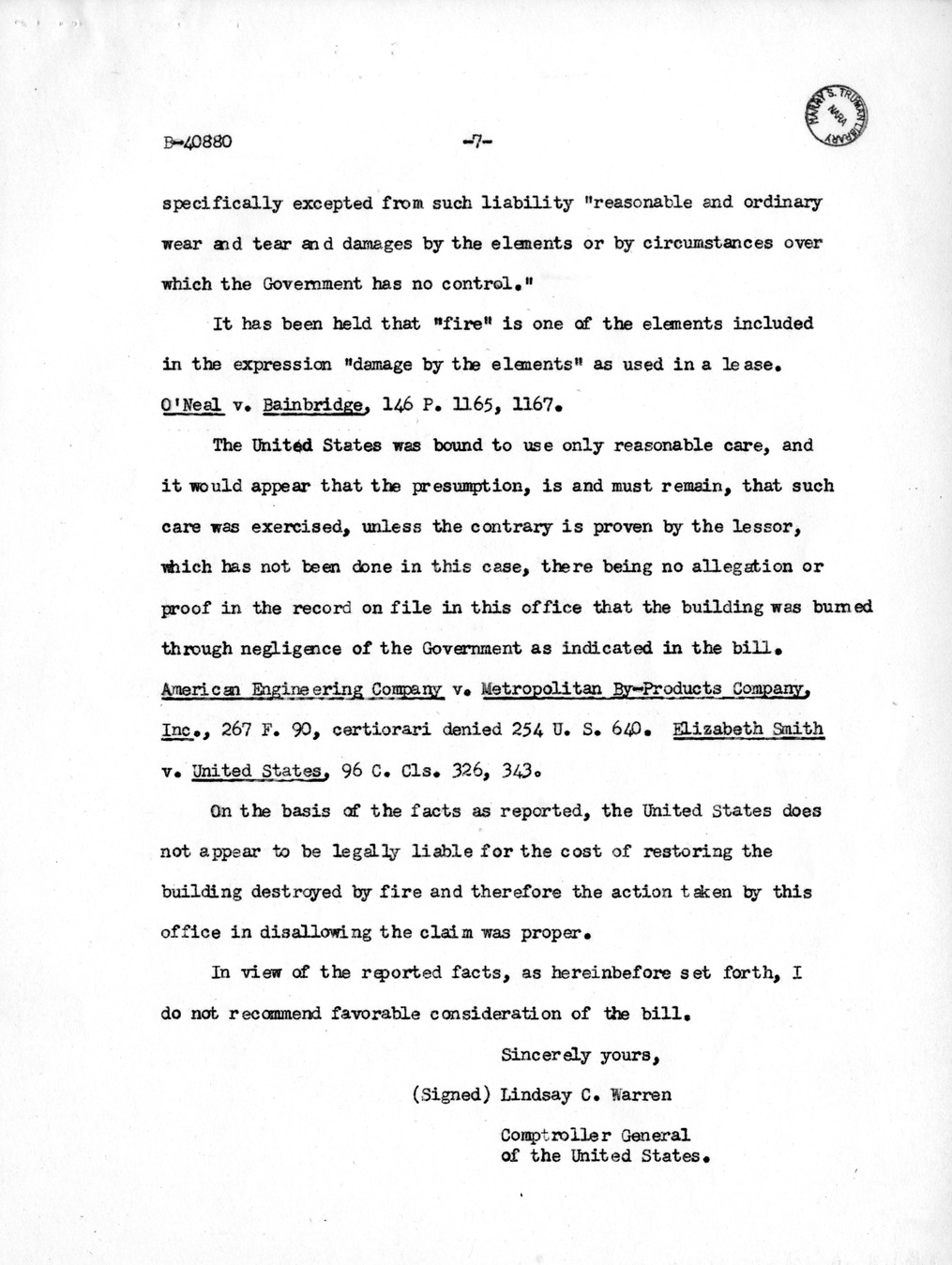 Memorandum from Harold D. Smith to M. C. Latta, S. 176, For the Relief of the City of Memphis, Tennessee, and Memphis Park Commission, with Attachments