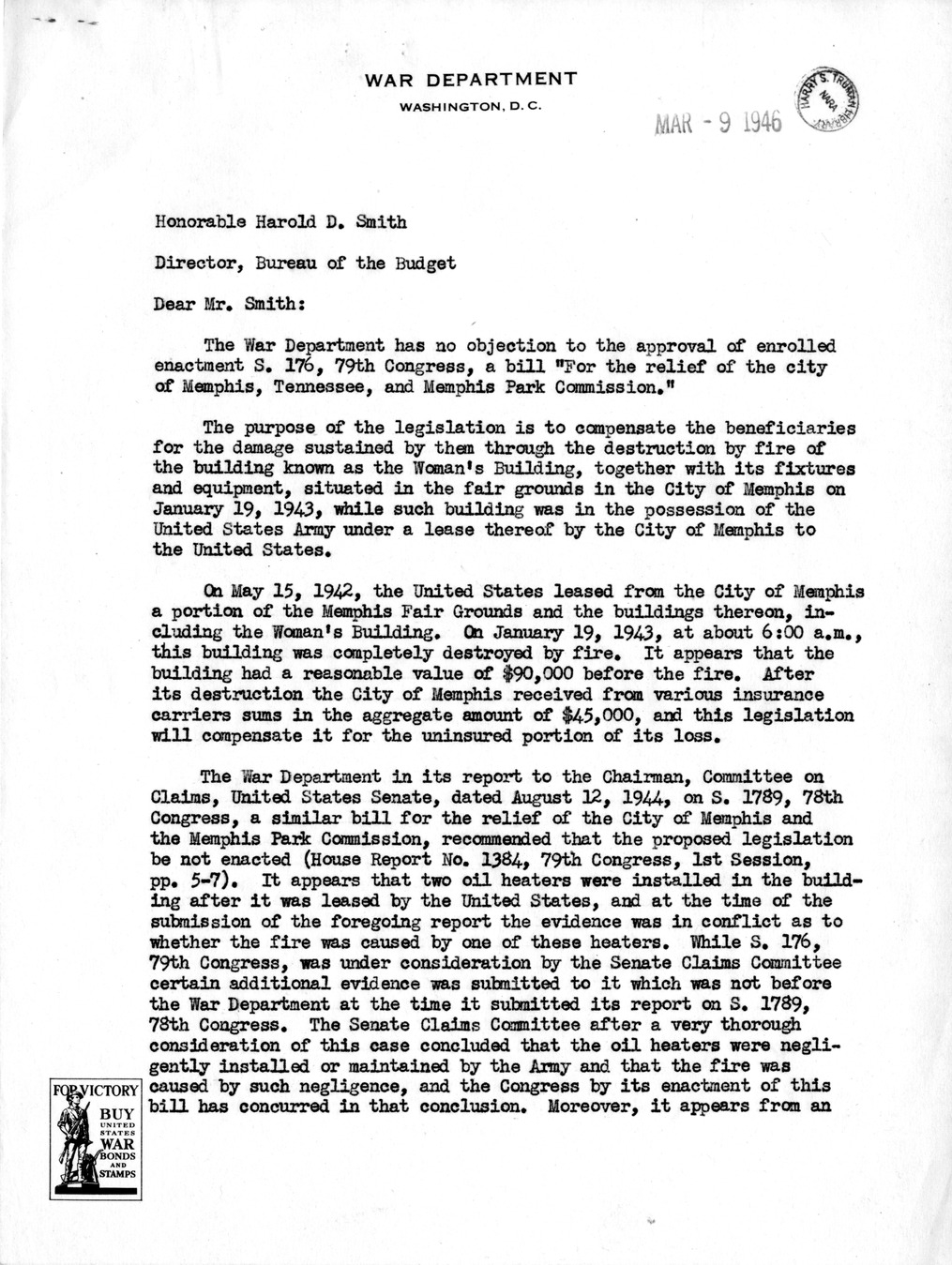 Memorandum from Harold D. Smith to M. C. Latta, S. 176, For the Relief of the City of Memphis, Tennessee, and Memphis Park Commission, with Attachments