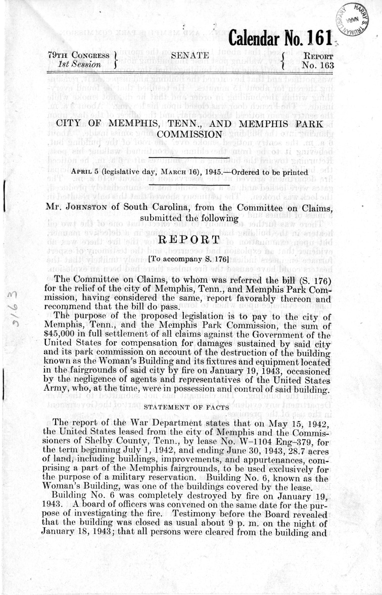 Memorandum from Harold D. Smith to M. C. Latta, S. 176, For the Relief of the City of Memphis, Tennessee, and Memphis Park Commission, with Attachments