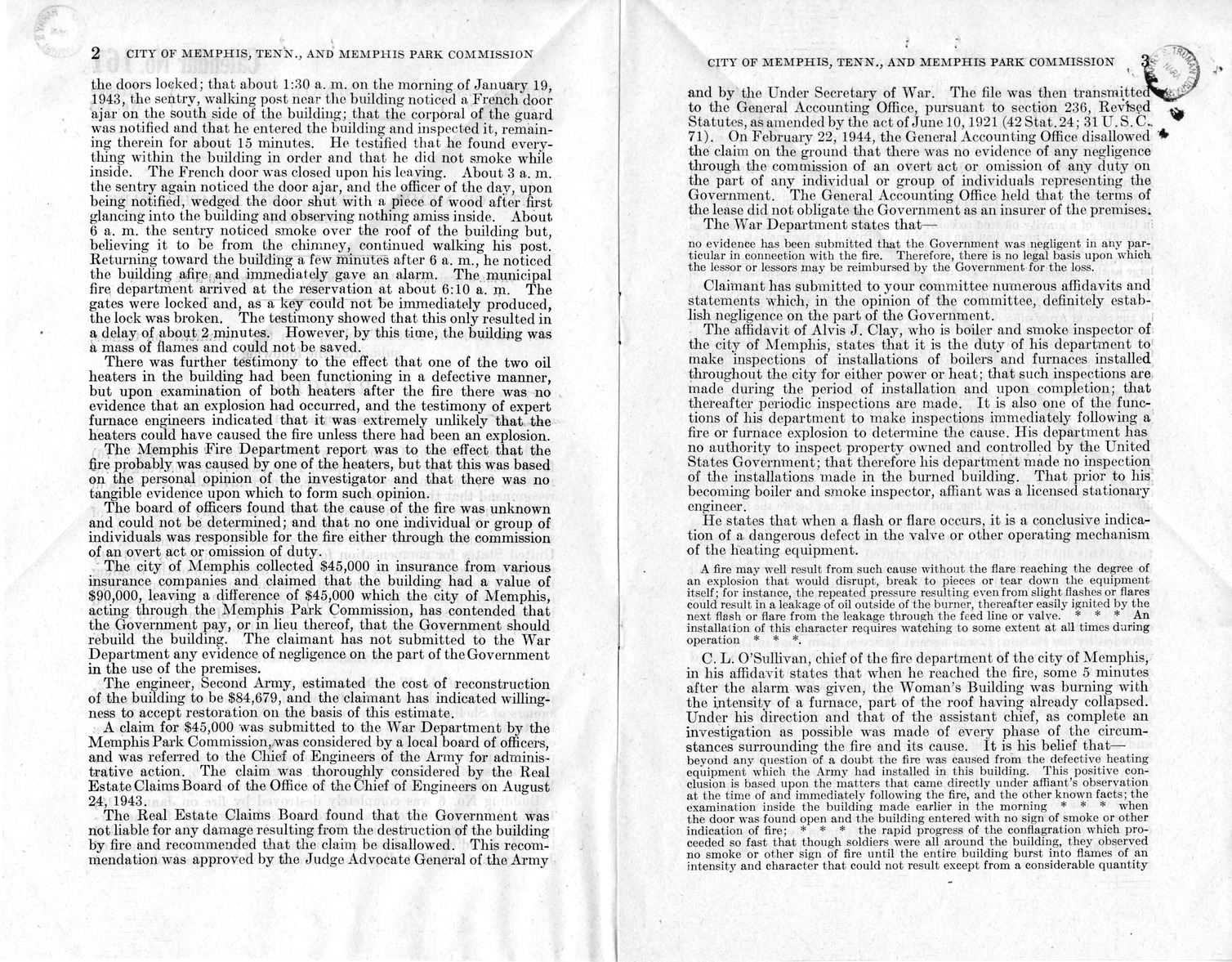 Memorandum from Harold D. Smith to M. C. Latta, S. 176, For the Relief of the City of Memphis, Tennessee, and Memphis Park Commission, with Attachments