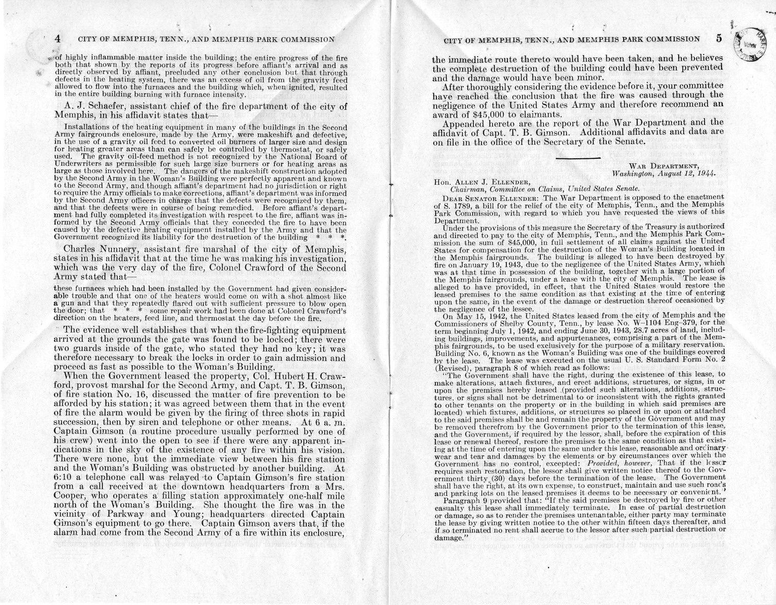 Memorandum from Harold D. Smith to M. C. Latta, S. 176, For the Relief of the City of Memphis, Tennessee, and Memphis Park Commission, with Attachments