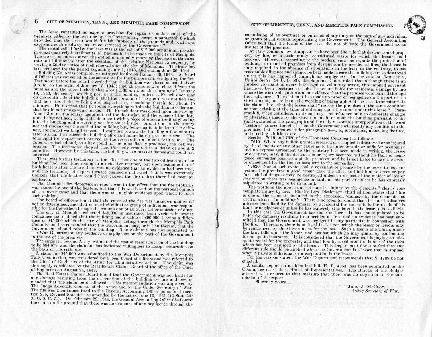 Memorandum from Harold D. Smith to M. C. Latta, S. 176, For the Relief of the City of Memphis, Tennessee, and Memphis Park Commission, with Attachments