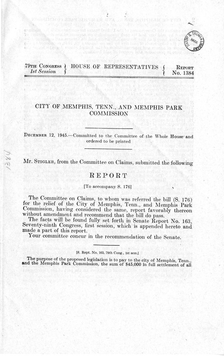 Memorandum from Harold D. Smith to M. C. Latta, S. 176, For the Relief of the City of Memphis, Tennessee, and Memphis Park Commission, with Attachments