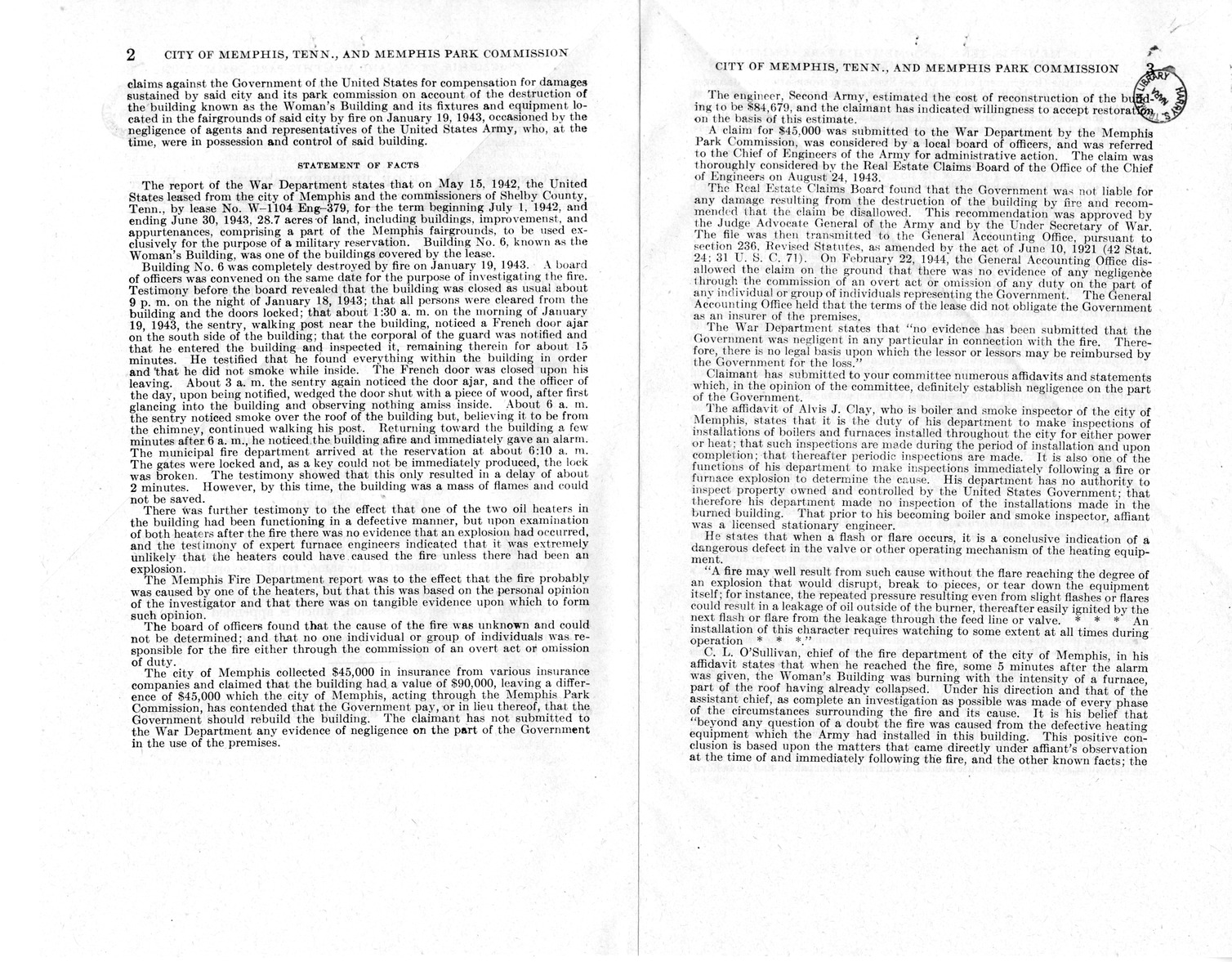 Memorandum from Harold D. Smith to M. C. Latta, S. 176, For the Relief of the City of Memphis, Tennessee, and Memphis Park Commission, with Attachments
