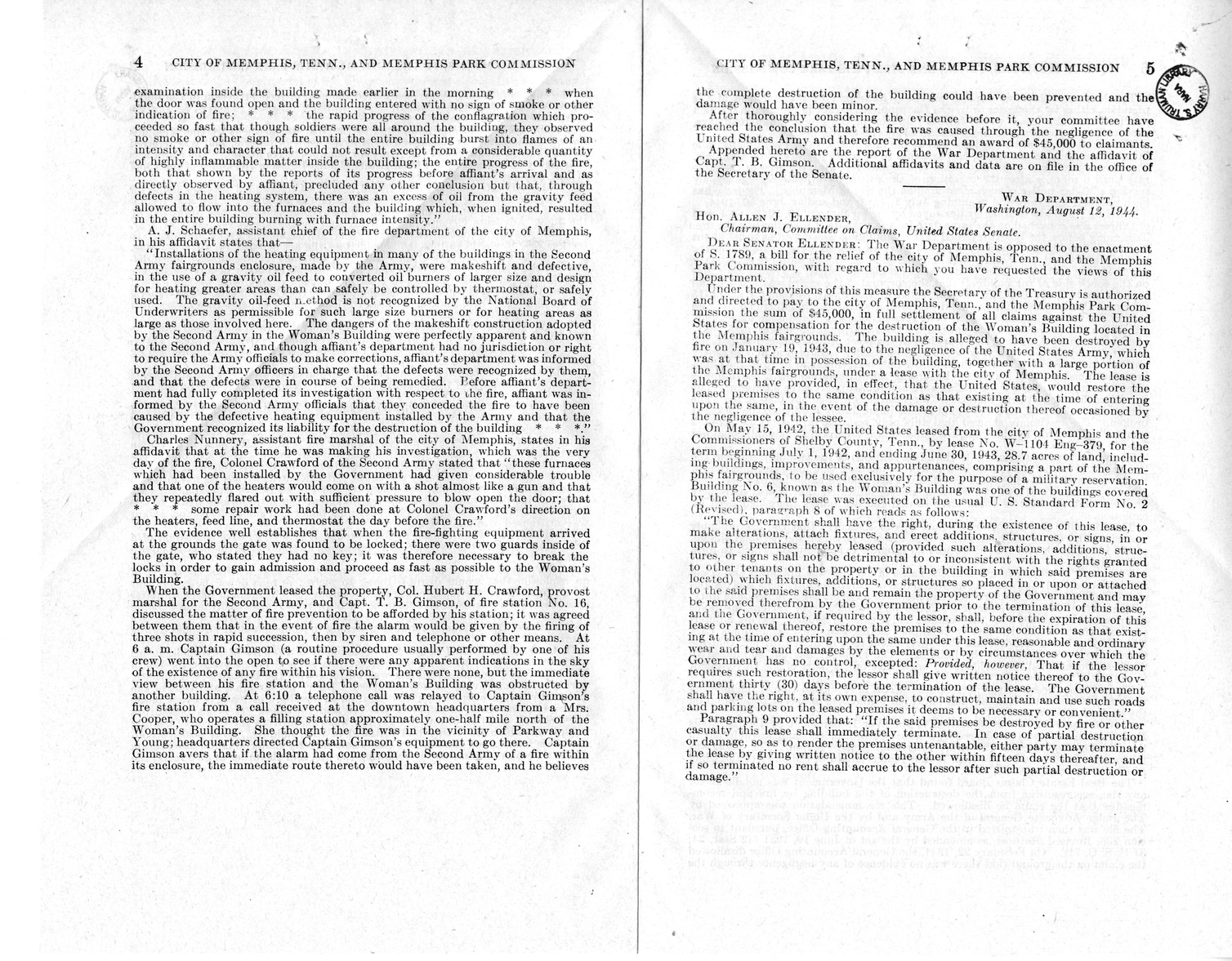 Memorandum from Harold D. Smith to M. C. Latta, S. 176, For the Relief of the City of Memphis, Tennessee, and Memphis Park Commission, with Attachments