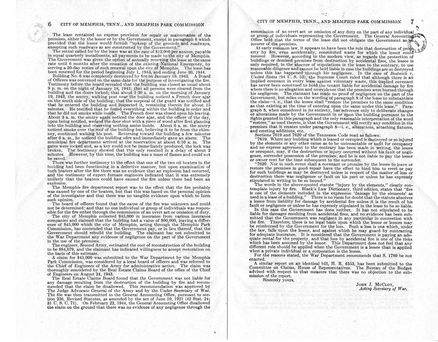 Memorandum from Harold D. Smith to M. C. Latta, S. 176, For the Relief of the City of Memphis, Tennessee, and Memphis Park Commission, with Attachments