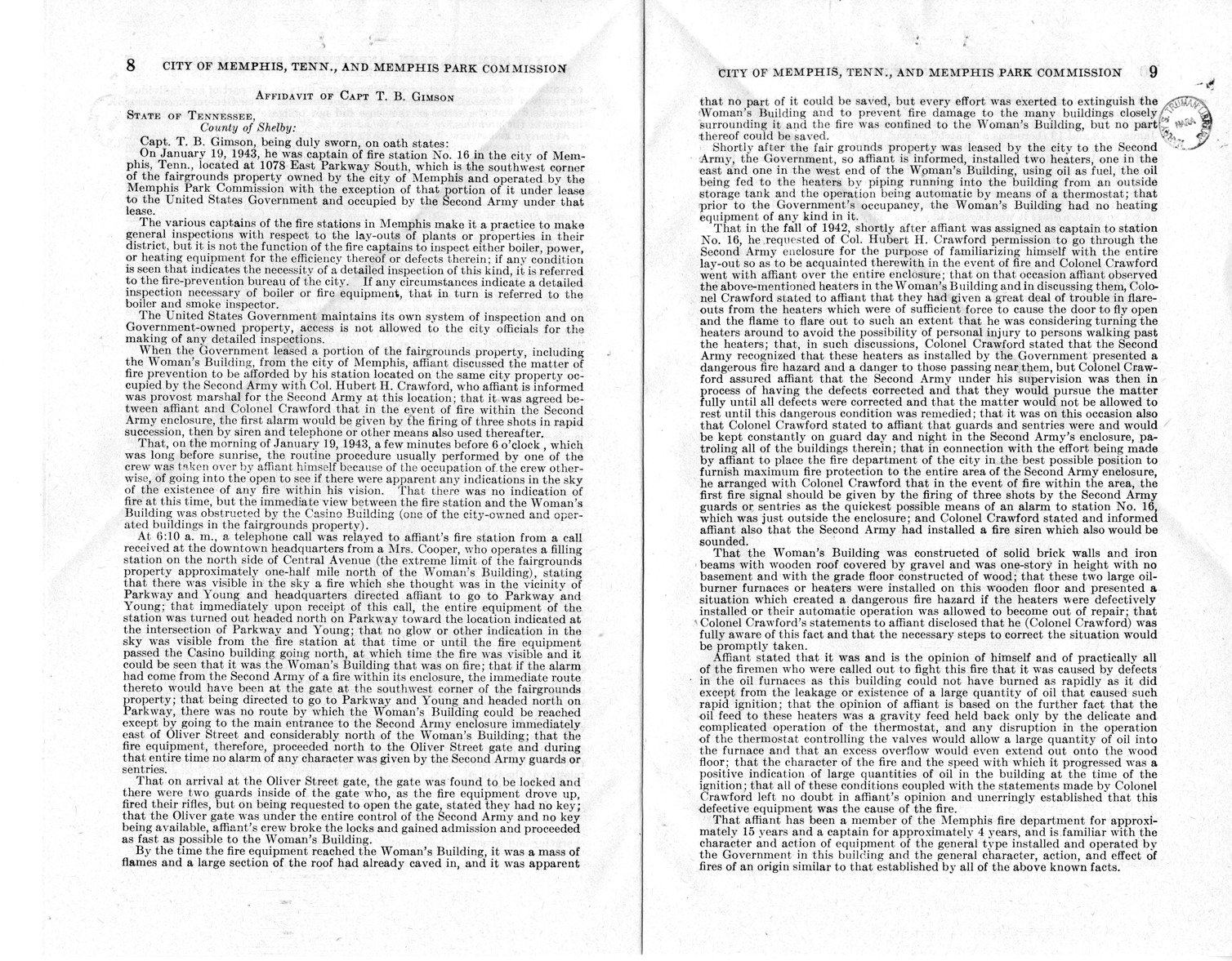 Memorandum from Harold D. Smith to M. C. Latta, S. 176, For the Relief of the City of Memphis, Tennessee, and Memphis Park Commission, with Attachments