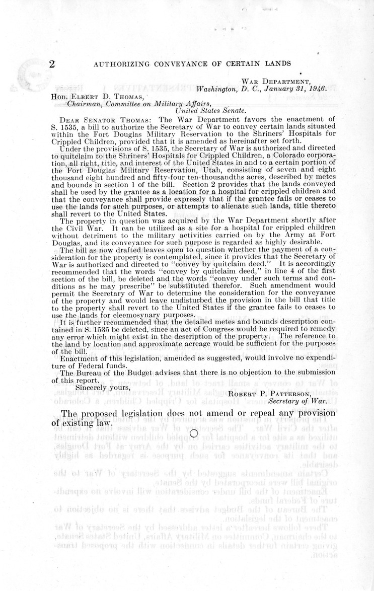 Memorandum from Frederick J. Bailey to M. C. Latta, S. 1535, To Authorize the Secretary of War to Convey Certain Lands Situated Within the Fort Douglas Military Reservation to the Shriners' Hospitals for Crippled Children, with Attachments