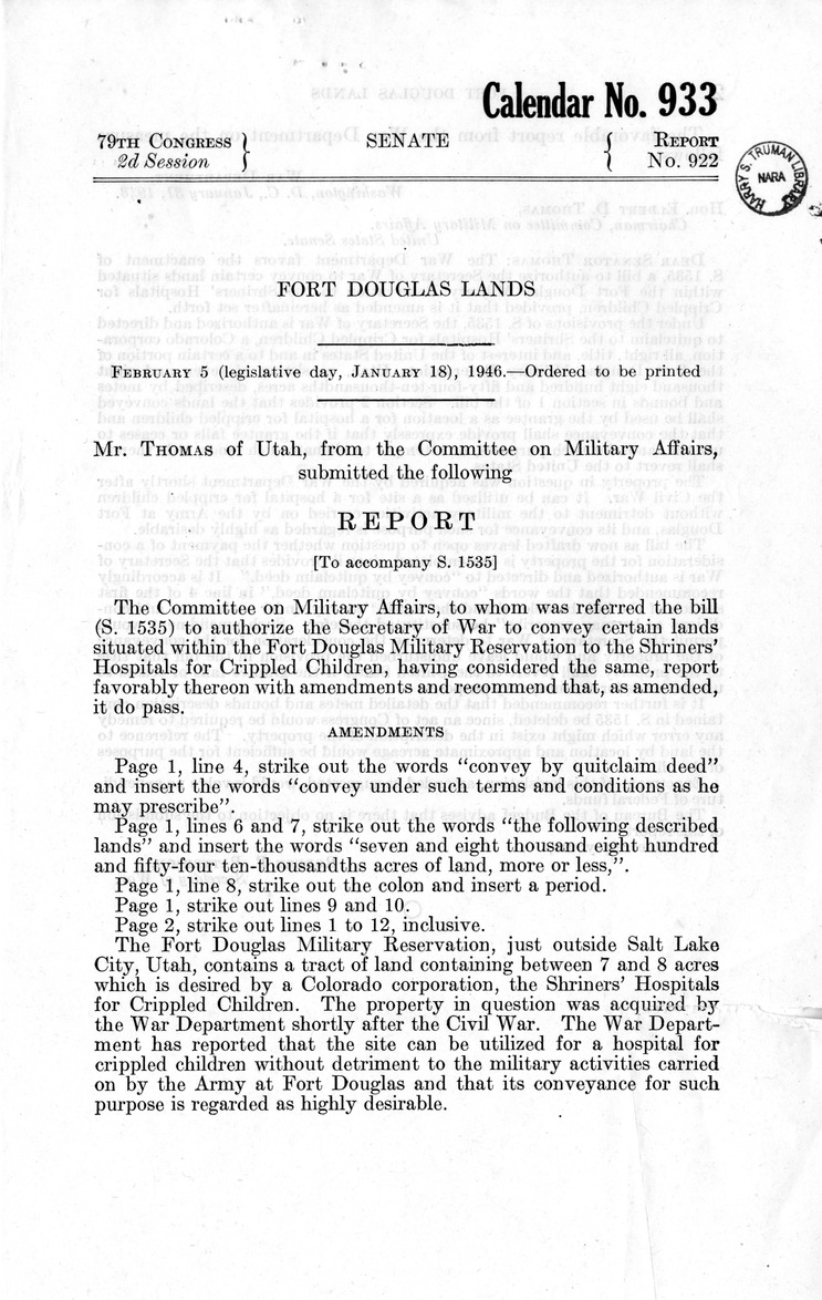 Memorandum from Frederick J. Bailey to M. C. Latta, S. 1535, To Authorize the Secretary of War to Convey Certain Lands Situated Within the Fort Douglas Military Reservation to the Shriners' Hospitals for Crippled Children, with Attachments