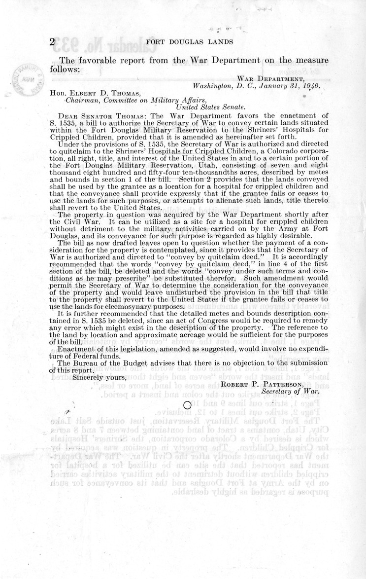 Memorandum from Frederick J. Bailey to M. C. Latta, S. 1535, To Authorize the Secretary of War to Convey Certain Lands Situated Within the Fort Douglas Military Reservation to the Shriners' Hospitals for Crippled Children, with Attachments